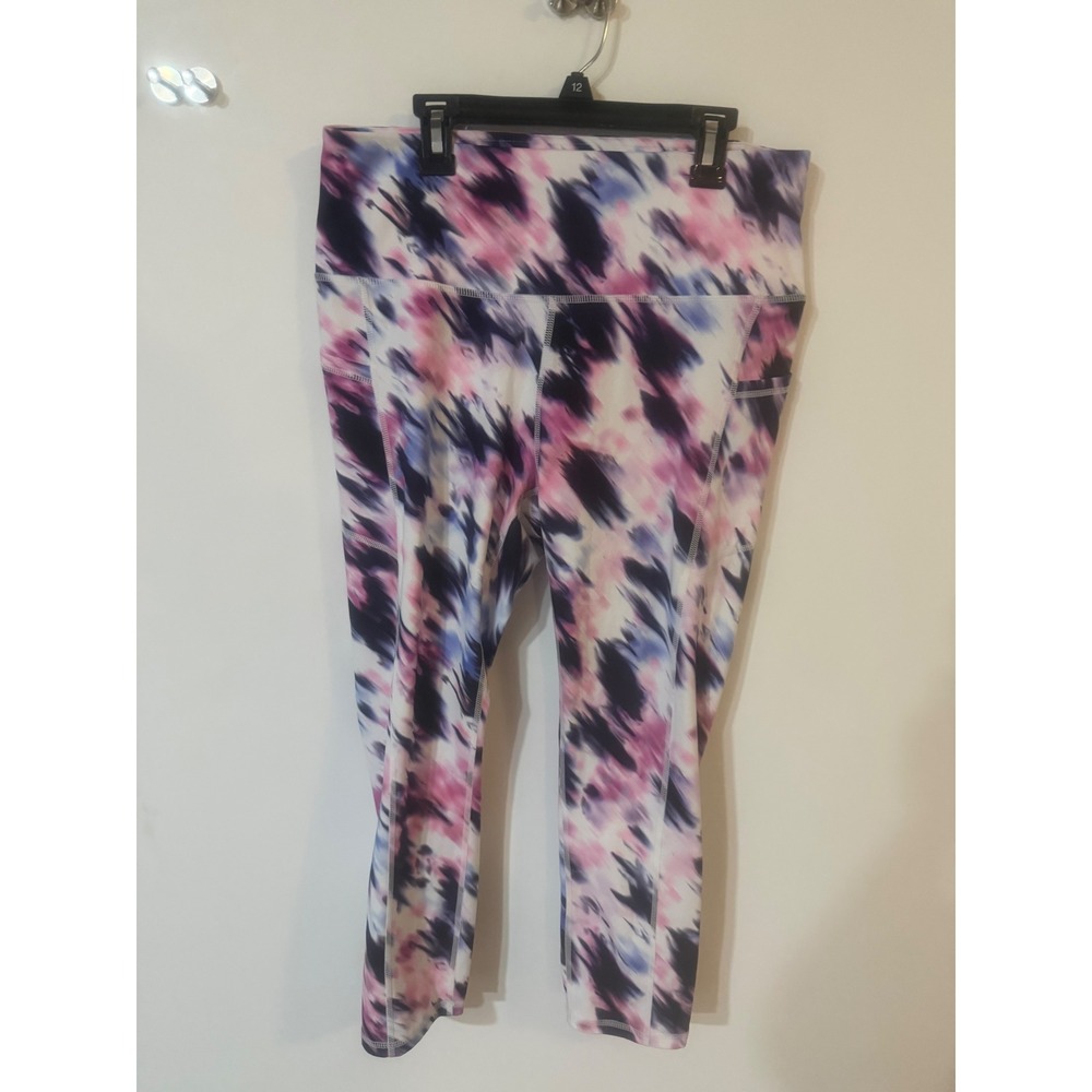Gaiam Women Purple Pink Abstract Tie Dye High Waist Crop Leggings with Pockets L